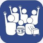 White community support icon on blue background showing volunteers with donation items