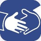 White handshake icon on blue background symbolizing community support and partnership
