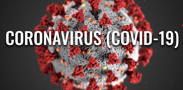 3D graphic of the COVID‑19 coronavirus with red spike proteins and bold COVID‑19 text