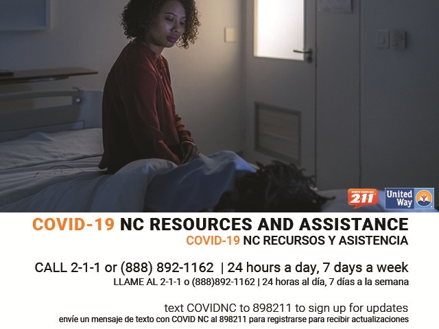 COVID‑19 NC Resources and Assistance graphic with hotline numbers and text update instructions in English and Spanish