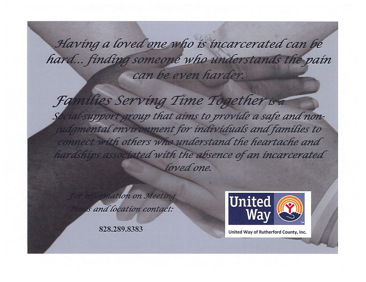 Flyer for Families Serving Time Together support group offering a safe, non‑judgmental space for families affected by incarceration