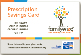 FamilyWize prescription savings card showing discount program details and United Way partnership