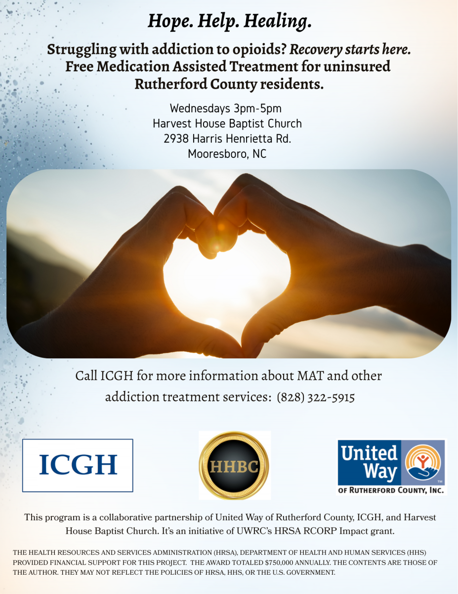 Flyer promoting free medication‑assisted treatment for uninsured Rutherford County residents with opioid addiction