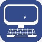 White computer icon on blue background representing online access and digital resources