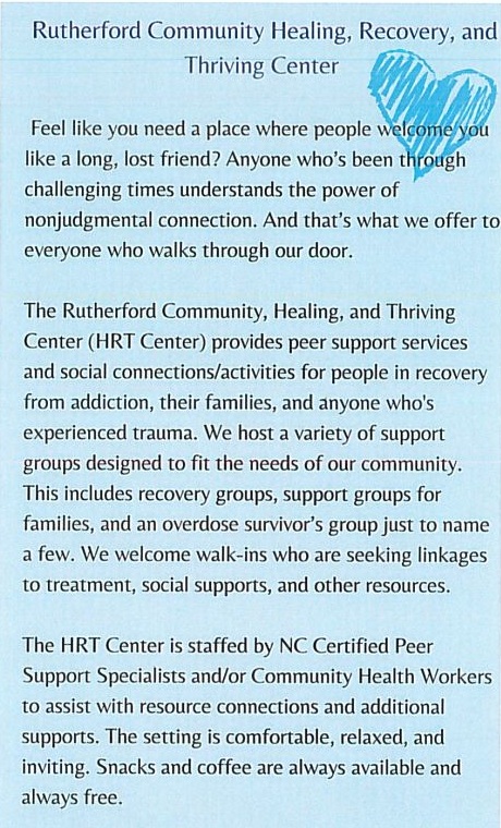 Flyer for the Rutherford Community Healing, Recovery, and Thriving Center offering peer support, recovery groups, and walk‑in resources